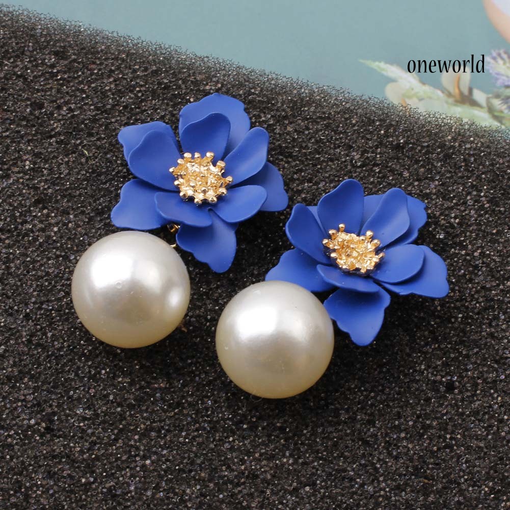 OW@ Sweet Women Faux Pearl Dangle Resin Flower Stud Earrings Summer Jewelry Gift