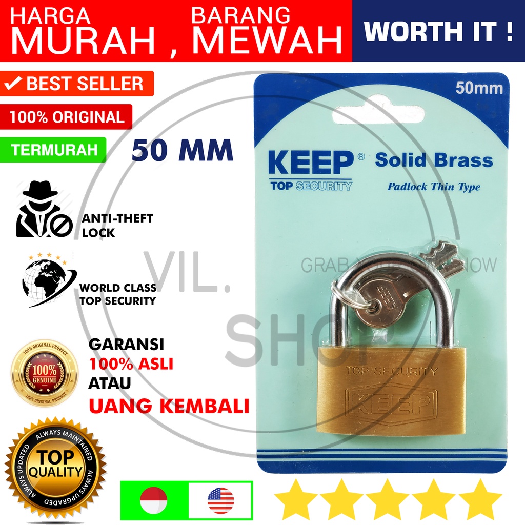 GEMBOK KEEP KUNINGAN ASLI PADLOCK 50 MM BESAR TAHAN ANTI MALING KUNCI GEMBOK LOKER PAGAR RUMAH YALE