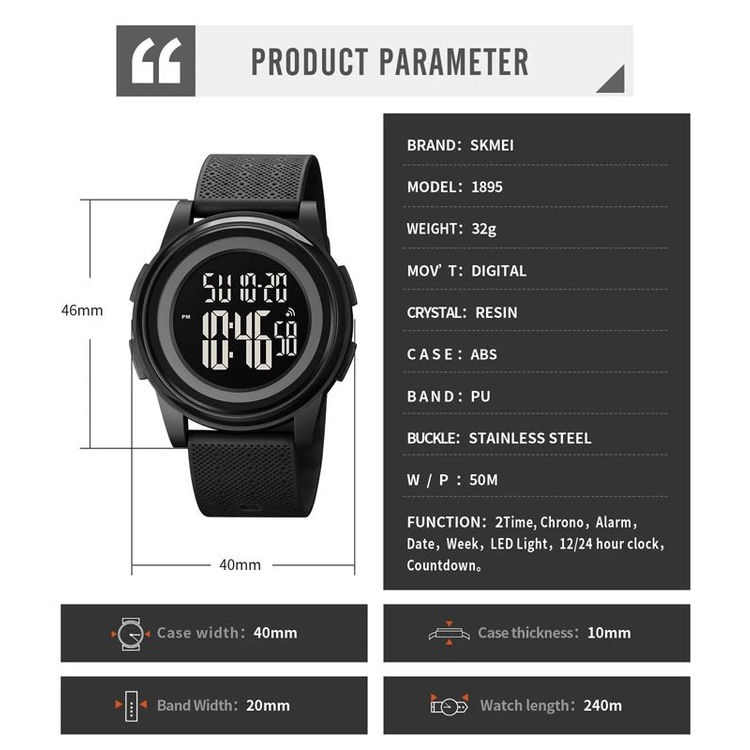 SKMEI 1895 Jam Tangan Pria Wanita Digital Chronograph Sport Watch Anti Air Tali Rubber WATCHKITE WKOS