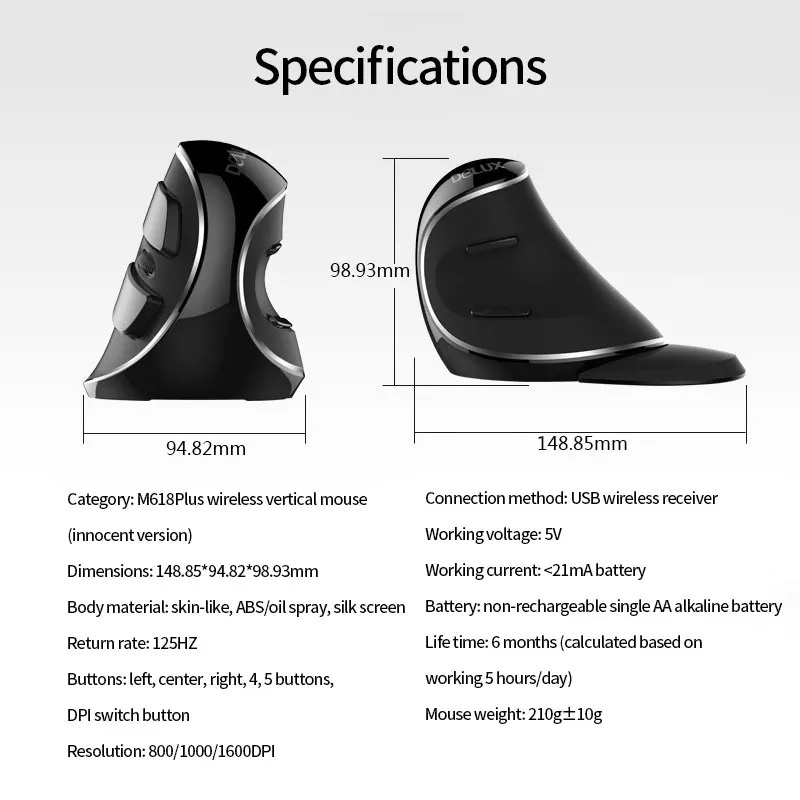 DELUX M618 PLUS - 2.4G Wireless Optical Ergonomic Vertical Mouse