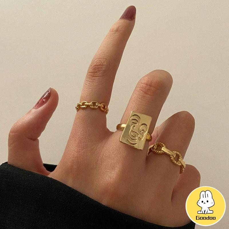 3pcs / Set Cincin Rantai Emas Model Terbuka Dapat Disesuaikan Untuk Aksesoris -Doo