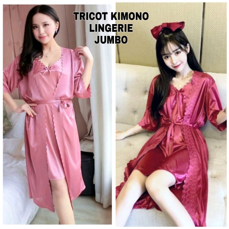 BAJU TIDUR KIMONO LINGERIE SEXI 2IN1 JUMBO TRICOT SATIN IMPORT