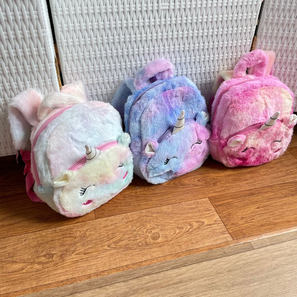 TAS RANSEL UNICORN PLUSHIE BULU TAS RANSEL UNICORN TANDUK BAHAN FULL BULU LEMBUT READY 3 MODEL WARNA PINK UNGU UTIH HARGA TERJANGKAU