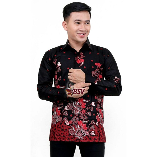 Kemeja Batik Pria Lengan Panjang Size M L Xl Xxl  Bswart Batik Hrb026 Kenongo Hem Panjang Padi