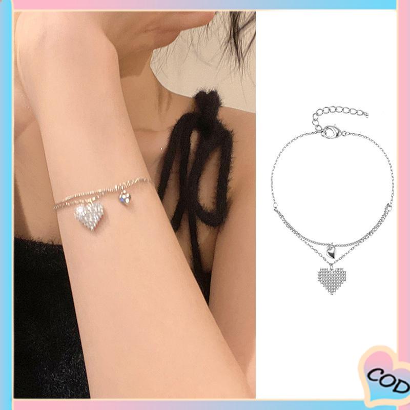 COD❤️Double Layer Love Bracelet Light Luxury Niche Design Girlfriends Diamond Gelang-A.one