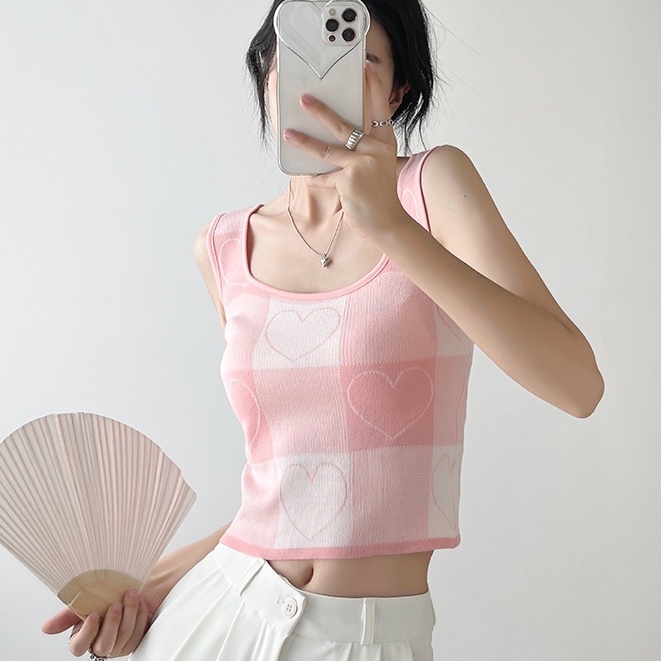 【Elegant】Checkered sleeveless Knit Crop Top 7486