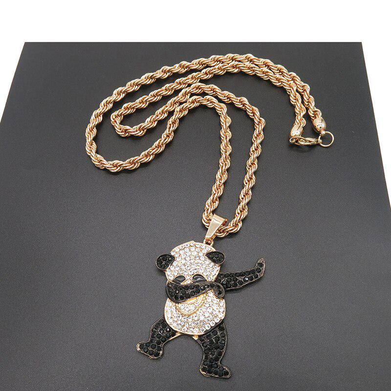 Kalung Liontin Desain Panda Aksen Berlian Warna Emas Gaya Hip Hop Rock Untuk Pria