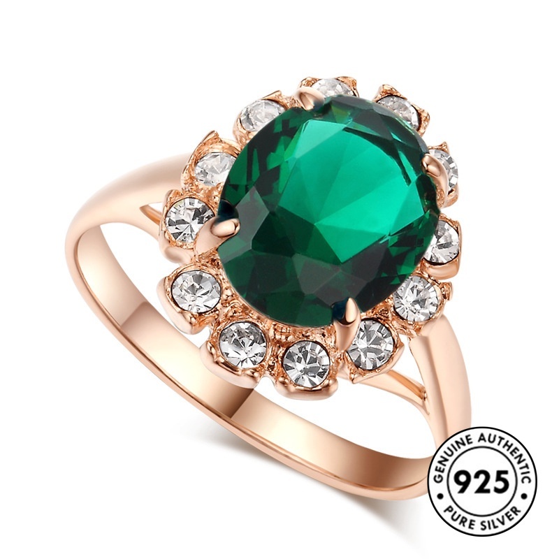 Cincin Sterling Silver 925 Gaya Vintage Dengan Emerald Warna Rose Gold Untuk Wanita