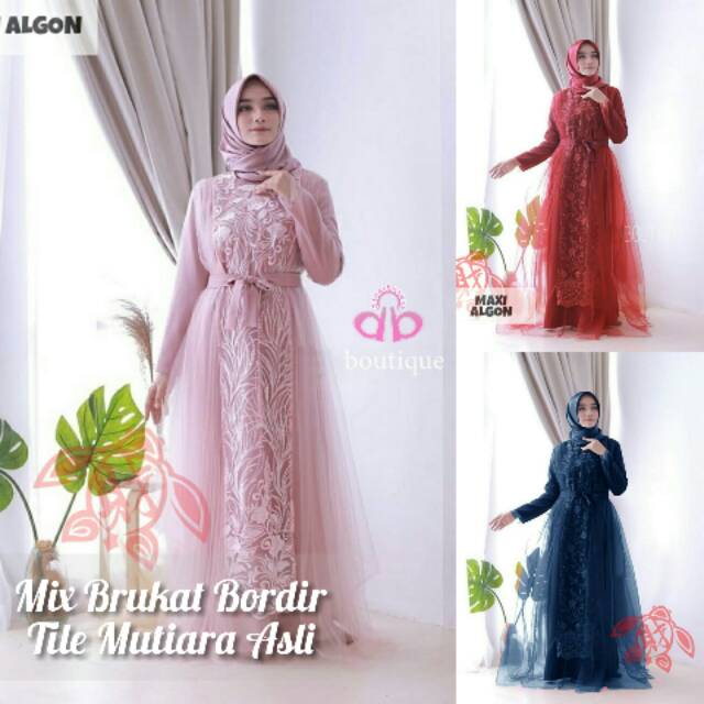 Grosir Gamis Set Syari Velvet kombi Tile Mix Brukat Bordir Mutiara Asli Maxi Dress Algon Tanah Abang