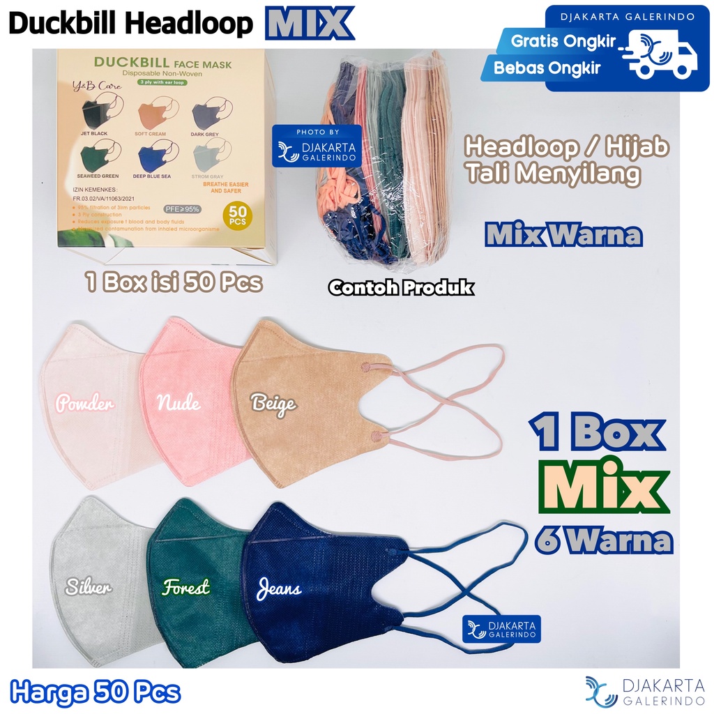 Masker Duckbill Headloop / Duckbill Hijab Mix Warna 1 Box isi 50 Pcs