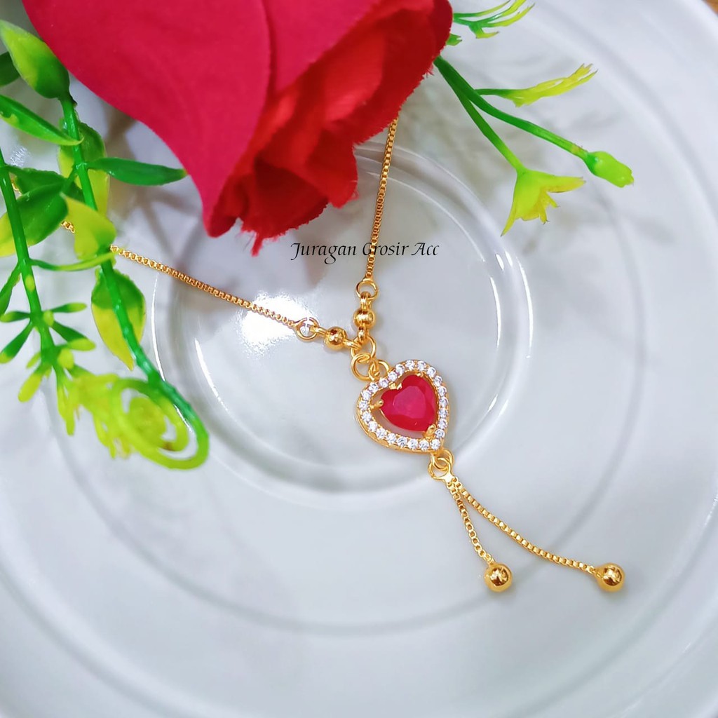 Kalung Wanita Model Love Red Crystal Elegan Menawan Anti Karat/Tidak Luntur