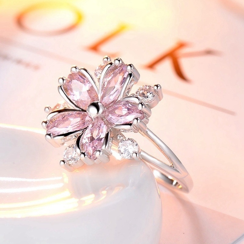 Cincin Wanita Bahan Stainless Steel Hias Permata Pink Untuk Pernikahan