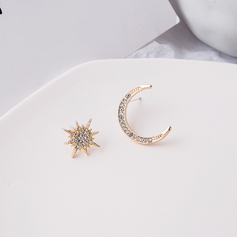 Anting stud 925 silver needle Zircon Bentuk Bulan Bintang Asimetris