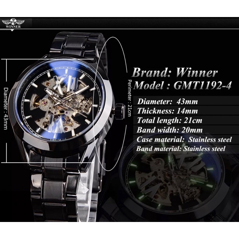 Jam Tangan Automatic Winner Sporty Bisnis Mewah All Black Stainless Steel