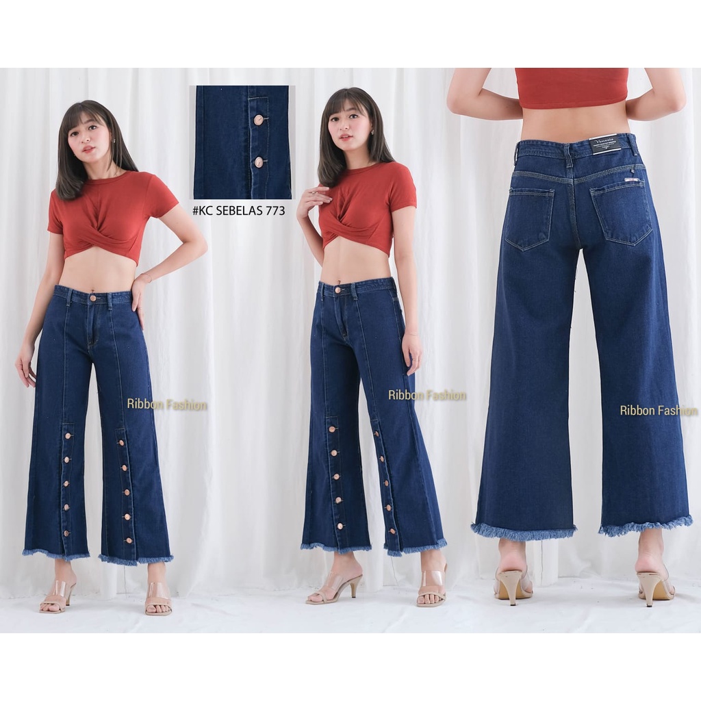Ribbon Fashion - RF CELANA JEANS KULOT PANJANG BELAH DEPAN KANCING LIMA RAWIS BIRU TUA WANITA / KULO