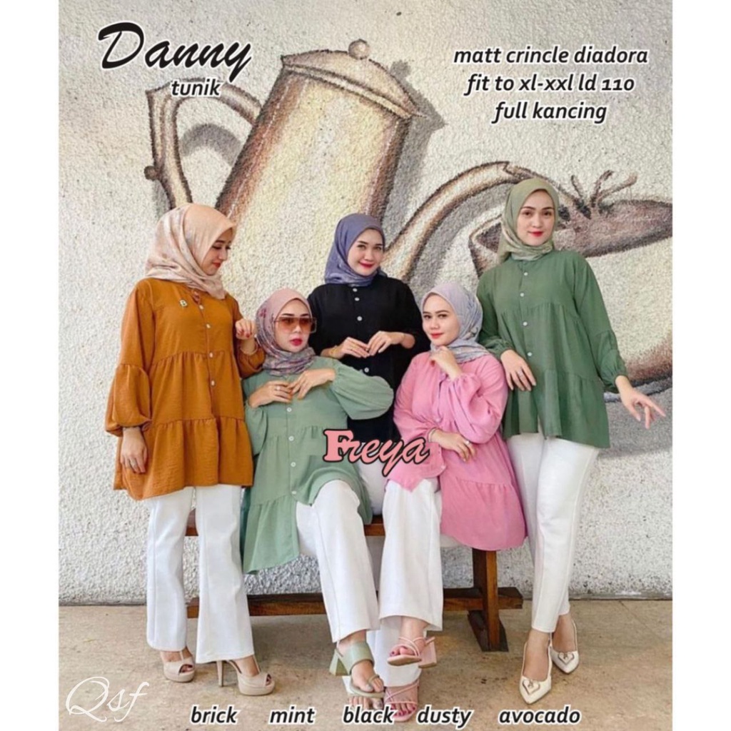 Danny Tunik Wanita Crinkle Airflow Premium Baju Tunik Wanita Terbaru Lengan Balon Panjang Busui LD 110 cm