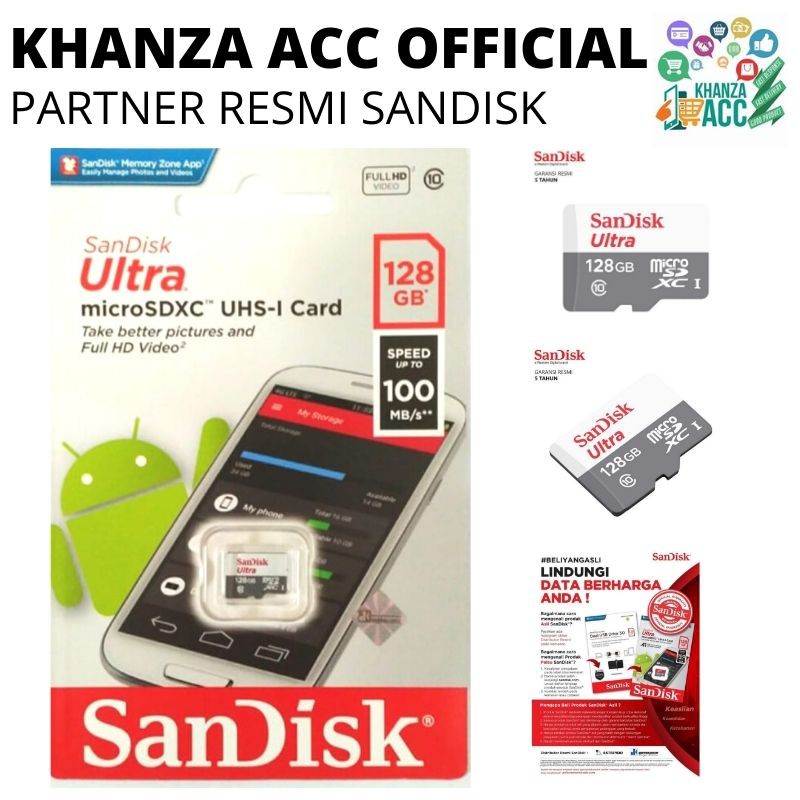 KHANZAACC SANDISK ULTRA 128GB CLASS 10 Kartu Memori Hp Micro SD Original Bergaransi Resmi