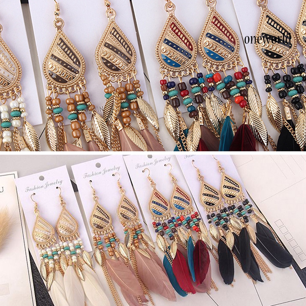 OW@ Vintage Elegant Long Pendant Dangle Hook Feather Earrings Women Jewelry Gift