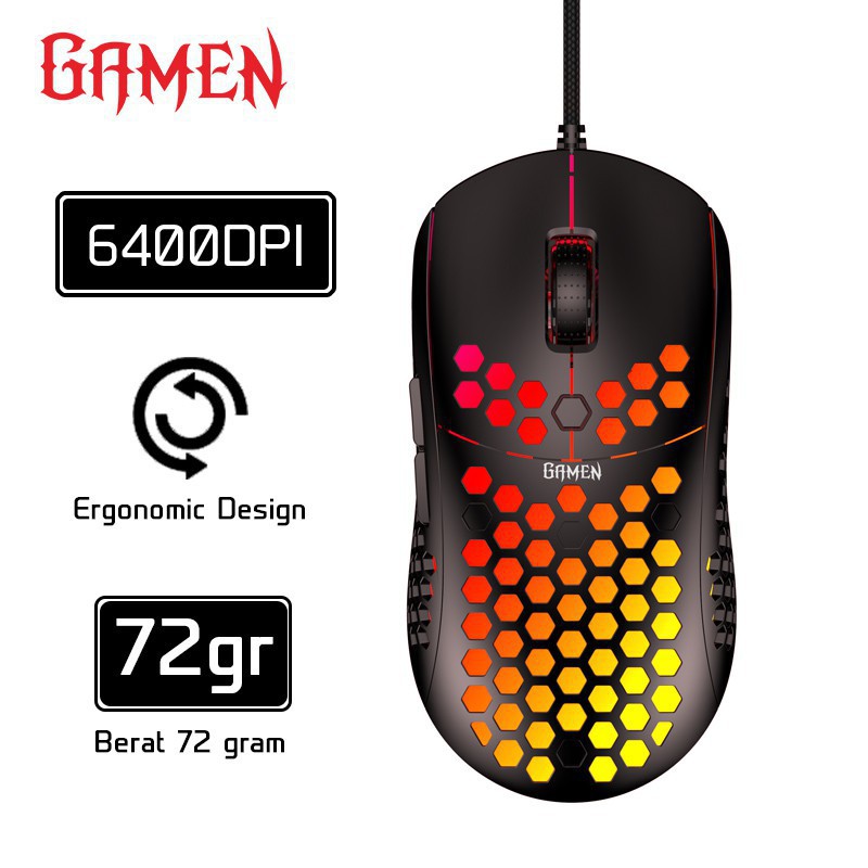 Mouse Gaming Honeycomb GAMEN GM710 6400 DPI Macro Ultralight - Garansi Resmi 1 Tahun