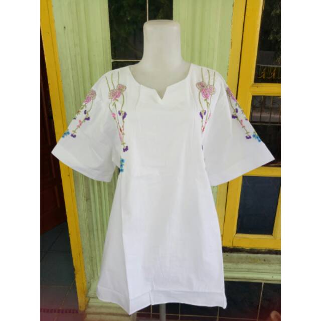 BLUS ATASAN JUMBO /BIG SIZE KATUN PUTIH BORDIR MAWAR