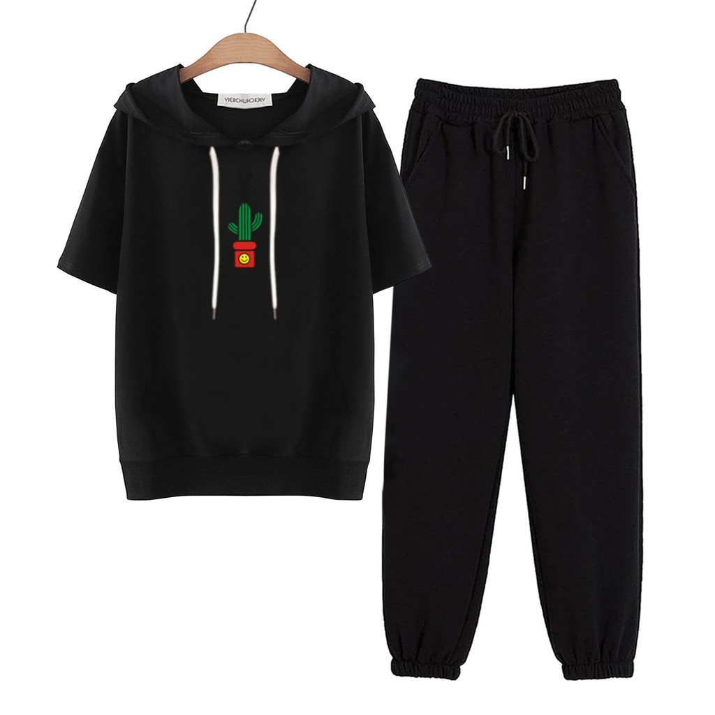 BESS - Baju Setelan Wanita Murah / Setelan Hoodie Crop Lengan Pendek + Jogger Hitam - KAKTUS