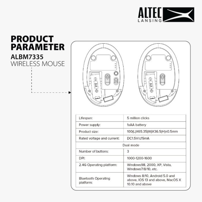 Mouse Altec Lansing Mouse Wireless Dual Mode ALBM7335