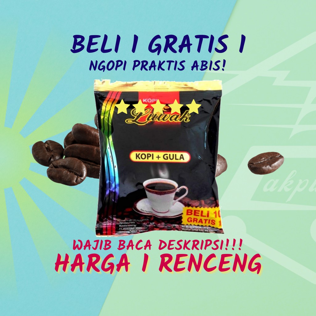 

Kopi Luwak Plus Gula Sachet 25 gram Harga Satu Renceng | Beli 1 Gratis 1 (20 pcs)