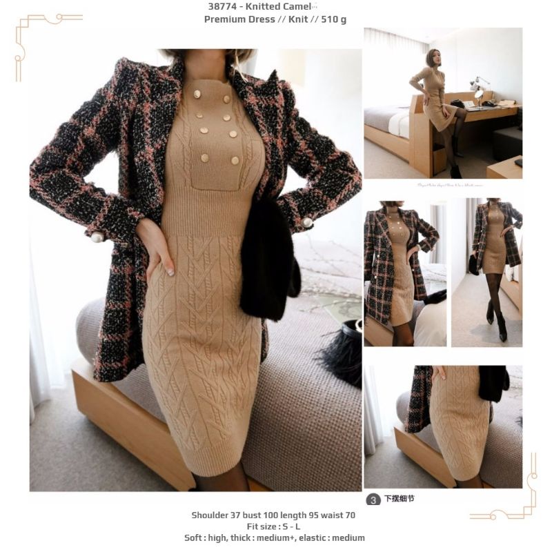 Dress midi rajut coklat muda lengan panjang kancing depan