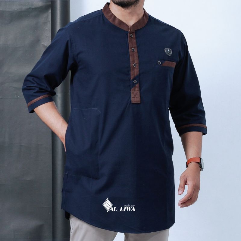 BAJU KOKO KURTA PAKISTAN PAKAIAN MUSLIM PRIA BAHAN FULL COTTON WARNA NAVY HITAM PUTIH ABU MOCCA UKURAN M L XL