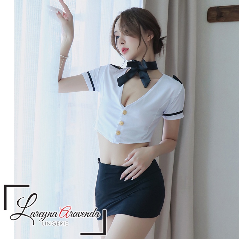 Lareyna Aravenda Set Lingerie + Rok Seksi Model Costume Black Stewardess LG088