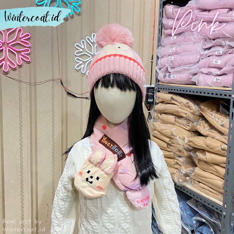 Beanie set kids topi syal winter anak kupluk musim dingin balita hangat import cute lucu penghangat leher kepala cowok cewek dino rabbit