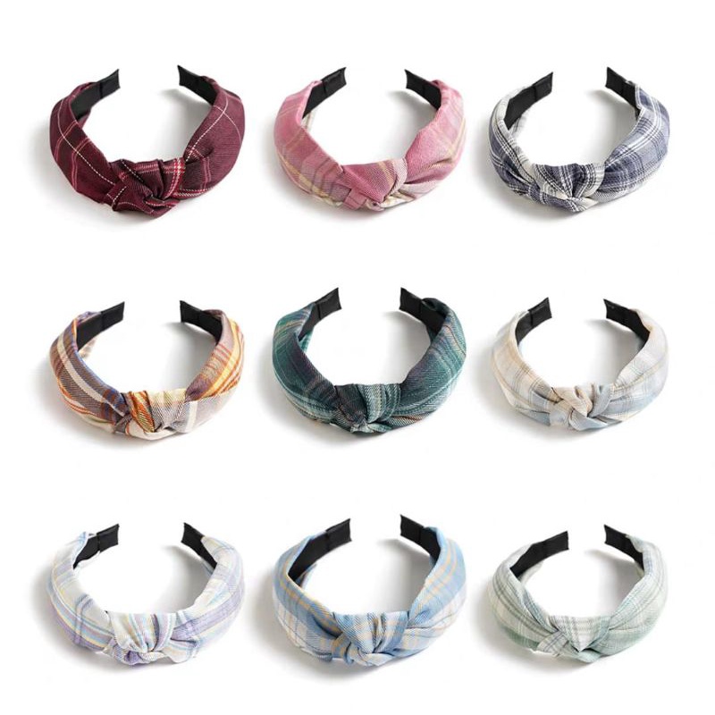 Bando Bandana Wanita Korean Style Motif Kotak Stripe Flanel Aksesoris Rambut Wanita Bando Wanita Import Flanel Cross Headband