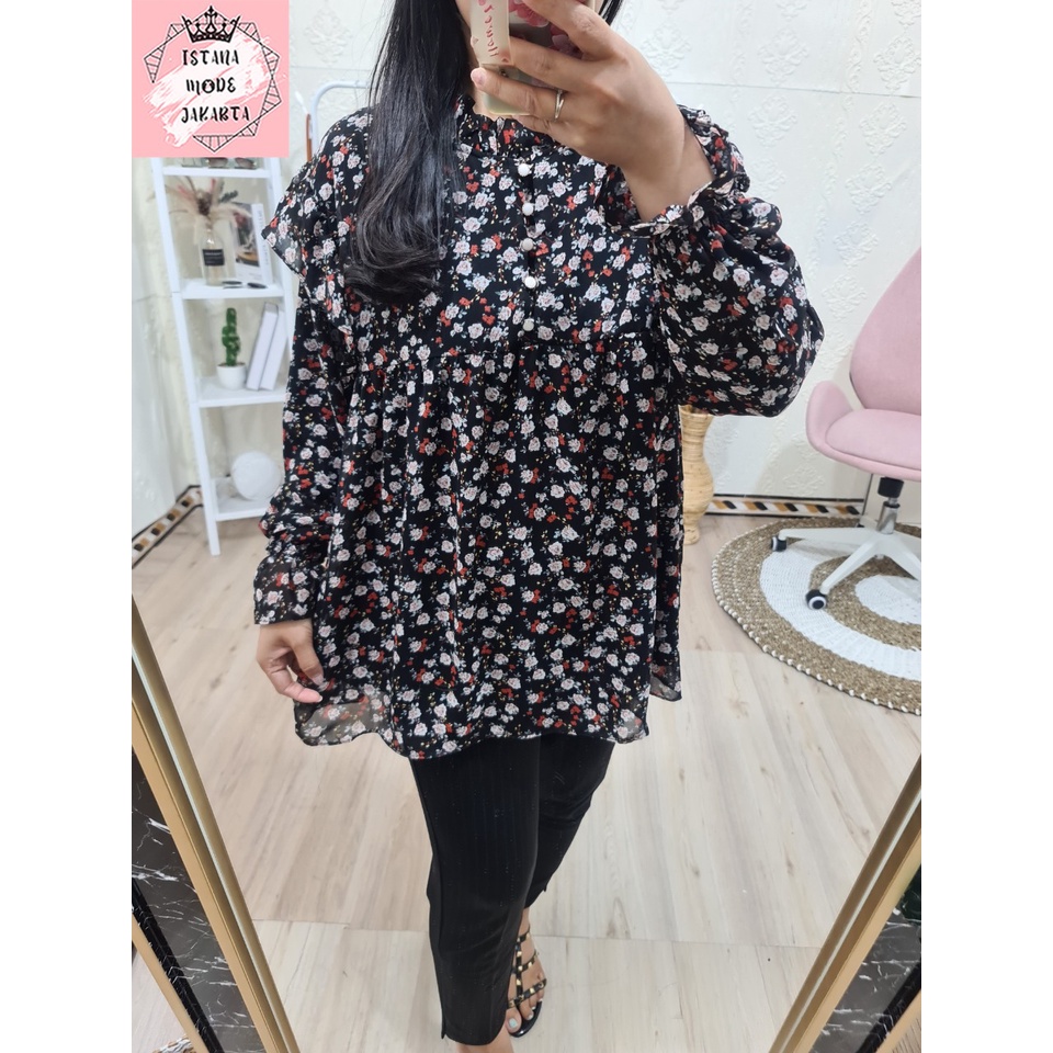 ISTANA MODE JAKARTA Zira baju atasan wanita terbaru blouse korean style blouse wanita lengan panjang-HITAM BUNGA UNGU-3