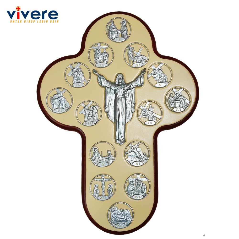 Salib Yesus Naik ke Surga dan Jalan Salib Motif Kuning Perak 25 cm