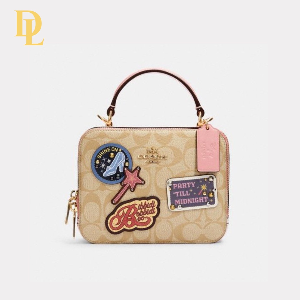DISNEY X COACH BOX CROSSBODY IN SIGNATURE CANVAS WITH PATCHES