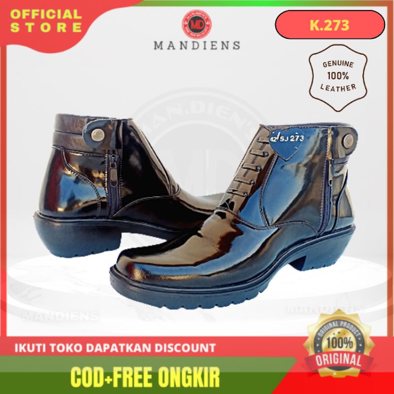 MANDIENS Sepatu PDH Ceko Kulit Pria Original Medali K273 Sol Karet Tebal Jenggel Gaya Koboi Murah Berkualitas Premium Terbaik Banded Model Pantofel Boot Hitam Kilap Tanpa Semir Resleting Samping