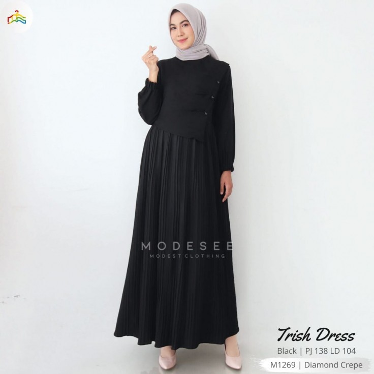 GAMIS HITAM POLOS PLISKET VARIASI LAYER KANCING TRISH - DRESS WANITA MUSLIMAH M1269
