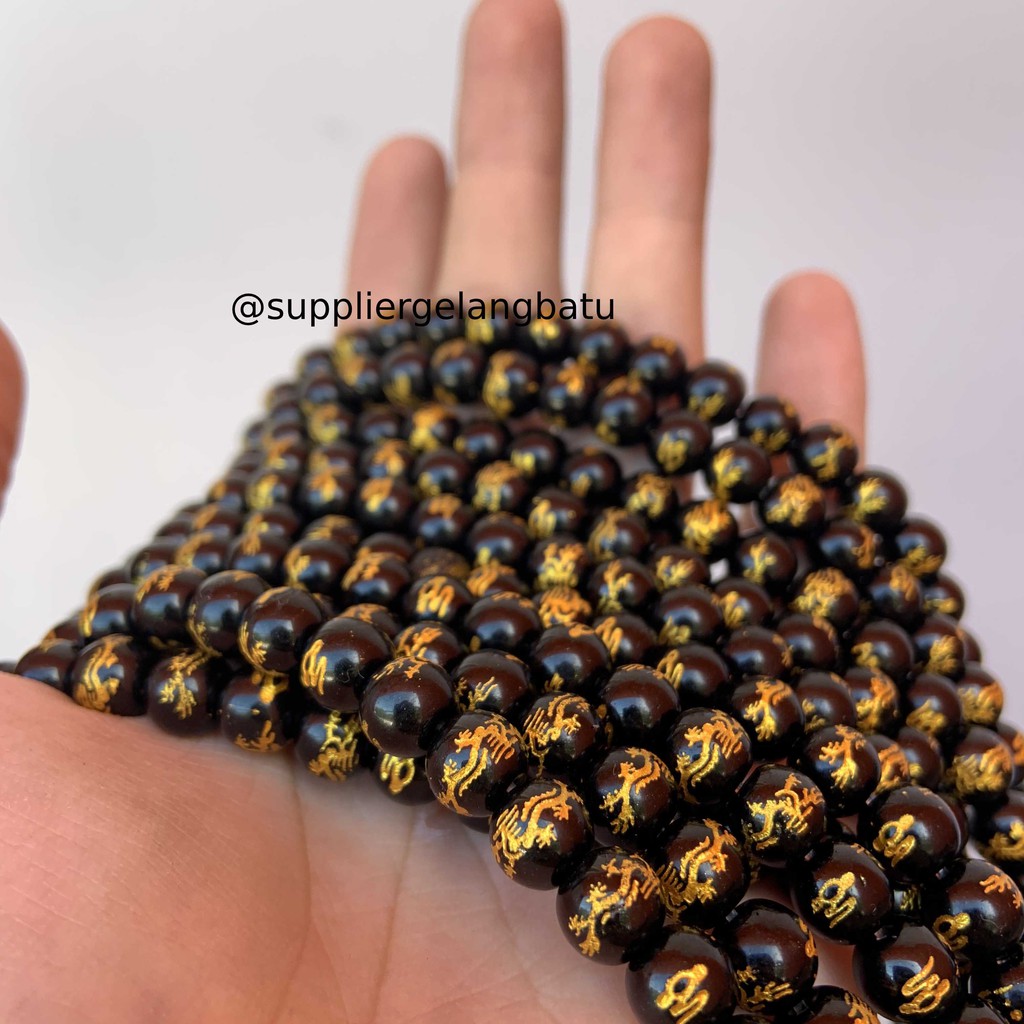 renceng batu hitam naga bead black gold 8mm kalung gelang dragon bead