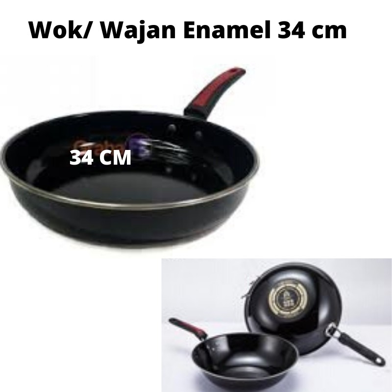 Wajan Enamel Anti Lengket Anti Gores 34cm Wajan Wok Gagang dan kuping