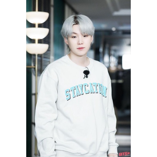 S - XXXXXL(6XL) Sweater SUGA STAYCATION Bigsize Oversize Idol K-Pop Crewneck Sweatshirt Fleece Jumbo White Putih beige krem cream khaki Unisex