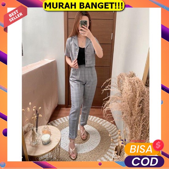 Setelan Setcel Crinkle Airflow Sandrina One Set Jipper Tunik + Celana Setelan Wanita Kekinian Fashio