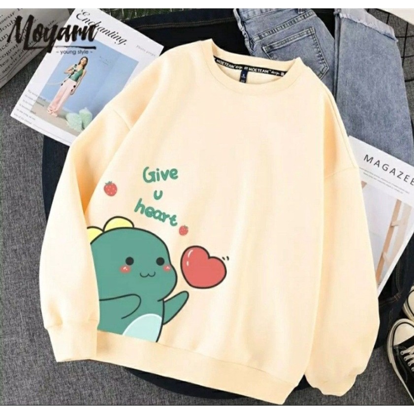 SWEATER WANITA DINO GIVE YOU HEART // CREWNECK WANITA CASUAL PREMIUM FLEECE TEBAL LEMBUT TERBARU,