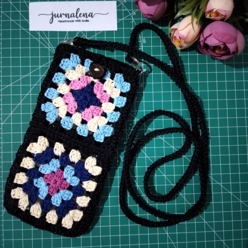 tas hp rajut / sling bag crochet / motif basic granny square