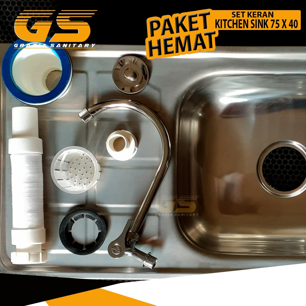 Wastafel Bak Cuci Piring Stainless 75cm SET Tempat kitchen Sink 75x40  Kran Air Paket lengkap