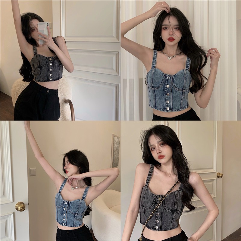 Denim Kamisol Wanita Baru Vintage Single-Breasted Pendek Pusar Slimming Wear Wear Top