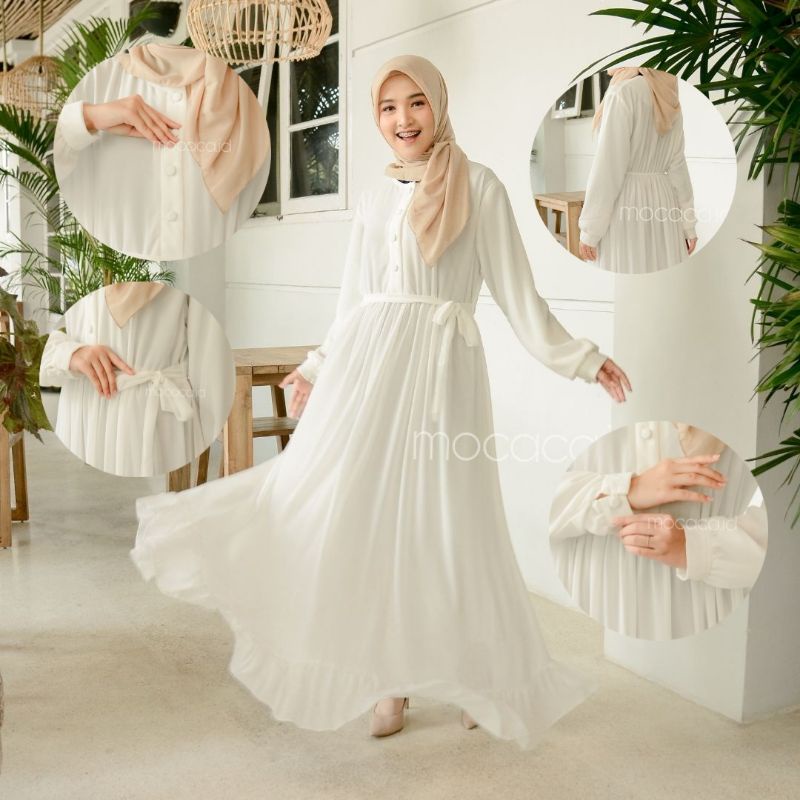 Gamis Ceruty Premiun Rosalinda Dress putih umayah untuk hari raya Full Furing Super karet belakang