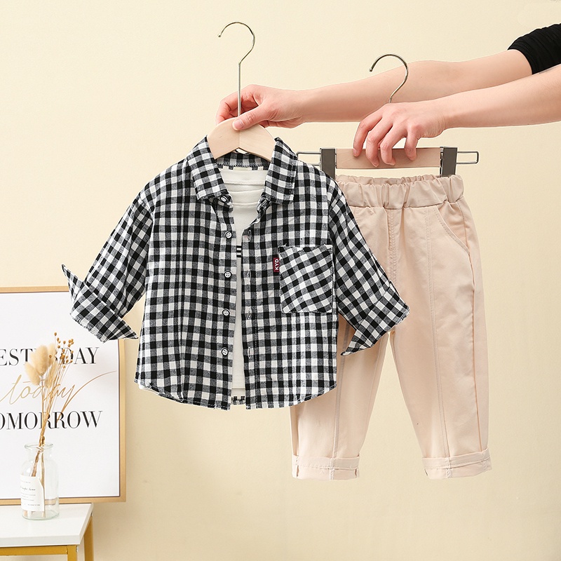  setelan kemeja kotak celana panjang fashion import anak laki laki model korea impor grosir