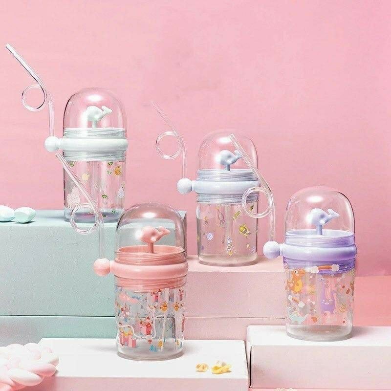 Botol minum anak air mancur motif lumba lumba sedotan panjang Penutup dolphin Bpa free Pot 260ml cod