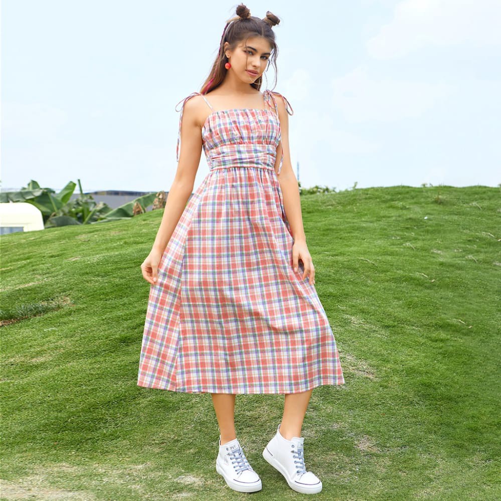 【Summer】Knot Straps Ruched Bust Tartan Cami Dress 7162