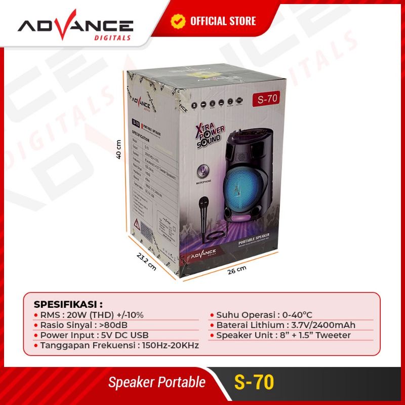 Speaker Advance S 70 BT Bluetooth Plus Mic Karaoke Advance S70 Speaker Meeting 8&quot; inch s70 Wirelles Portable